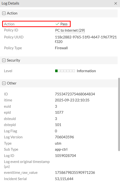 Security Event Application Control log details on FortiGate