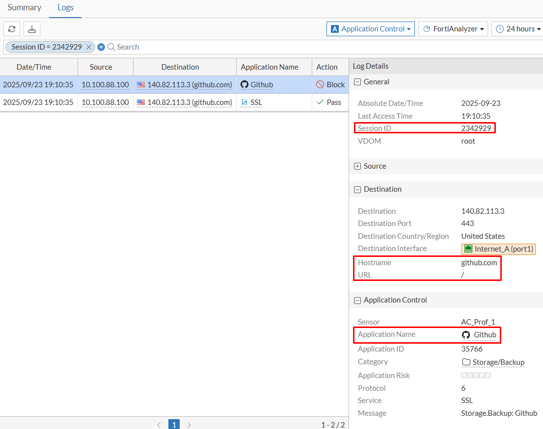 Security Event Application Control log details on FortiGate