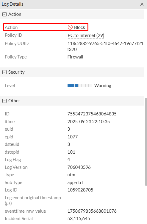 Security Event Application Control log details on FortiGate
