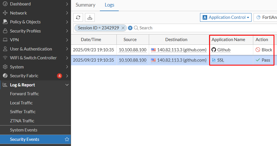 Security Event Application Control log on FortiGate