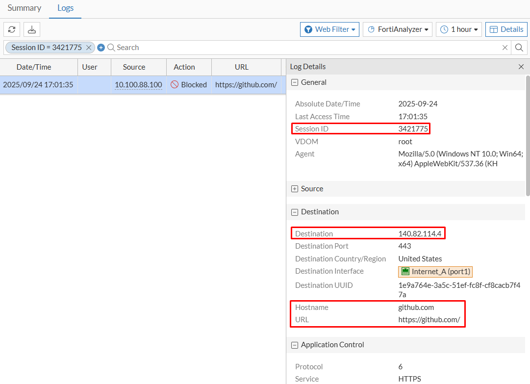 Security Event Web Filter log details on FortiGate