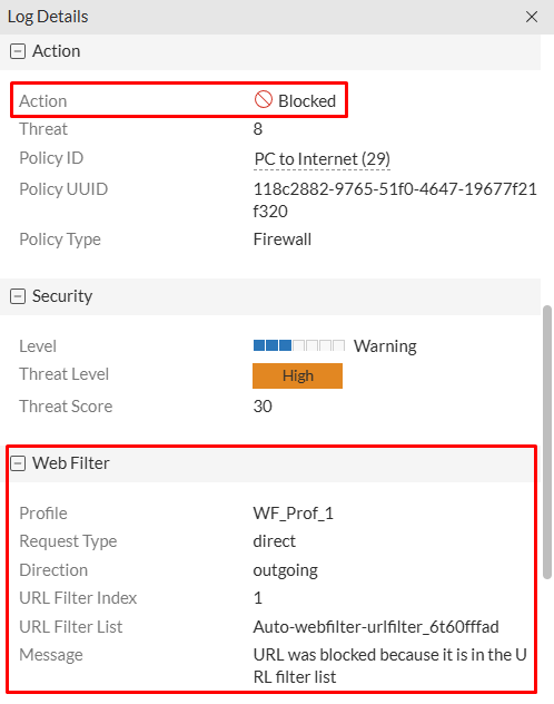 Security Event Web Filter log details on FortiGate