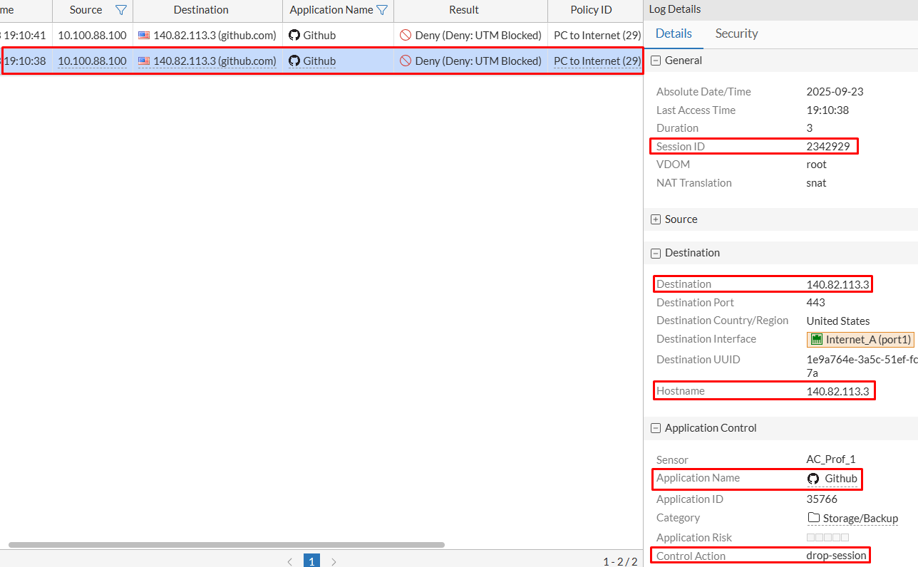 Traffic log details with block because of application control on FortiGate