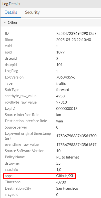Traffic log details with block because of application control on FortiGate
