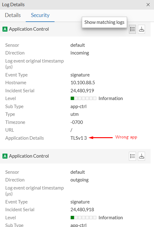 Error - Traffic log security details indicating a block because of application control on FortiGate