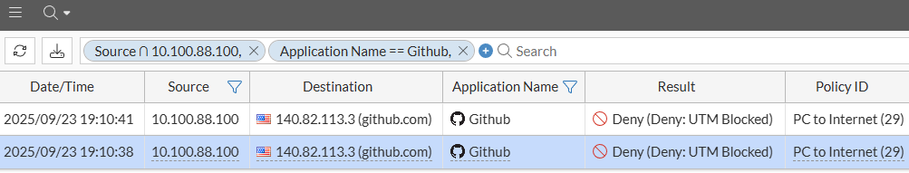 Traffic log with block because of application control on FortiGate