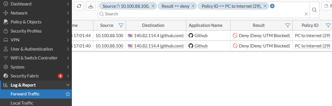Traffic log with block because of web filter on FortiGate
