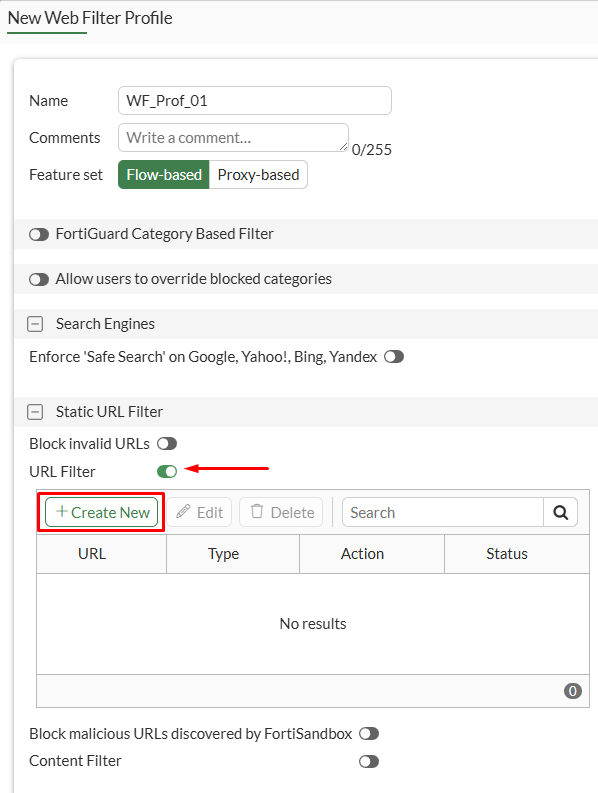 Configure web filter profile static URL filter on FortiGate