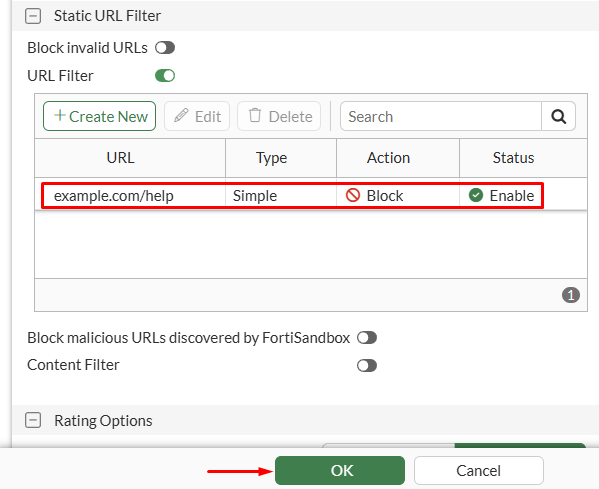 Configure web filter profile static URL filter on FortiGate