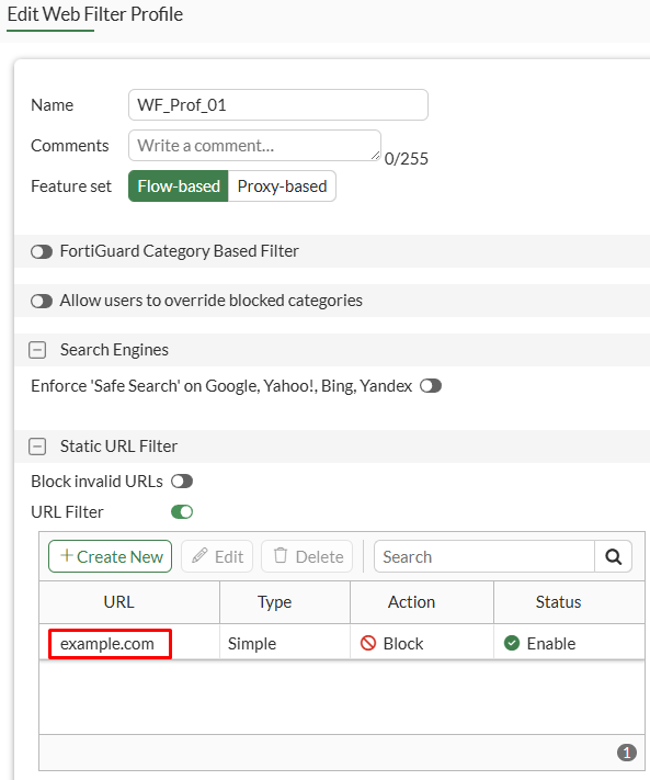 Configure web filter profile static URL filter on FortiGate