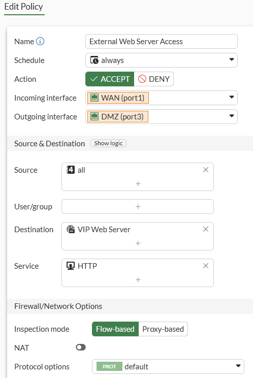 FortiGate VIP external access firewall policy