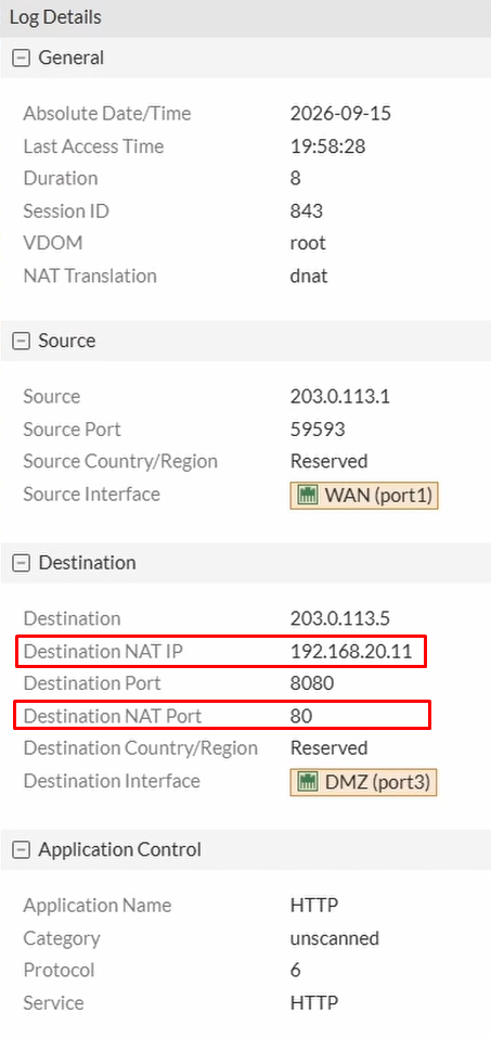 FortiGate VIP external access test traffic log details