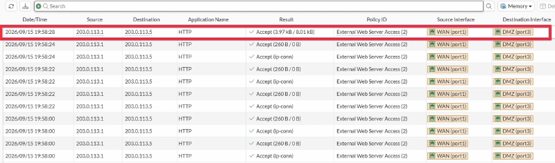 FortiGate VIP external access test traffic log
