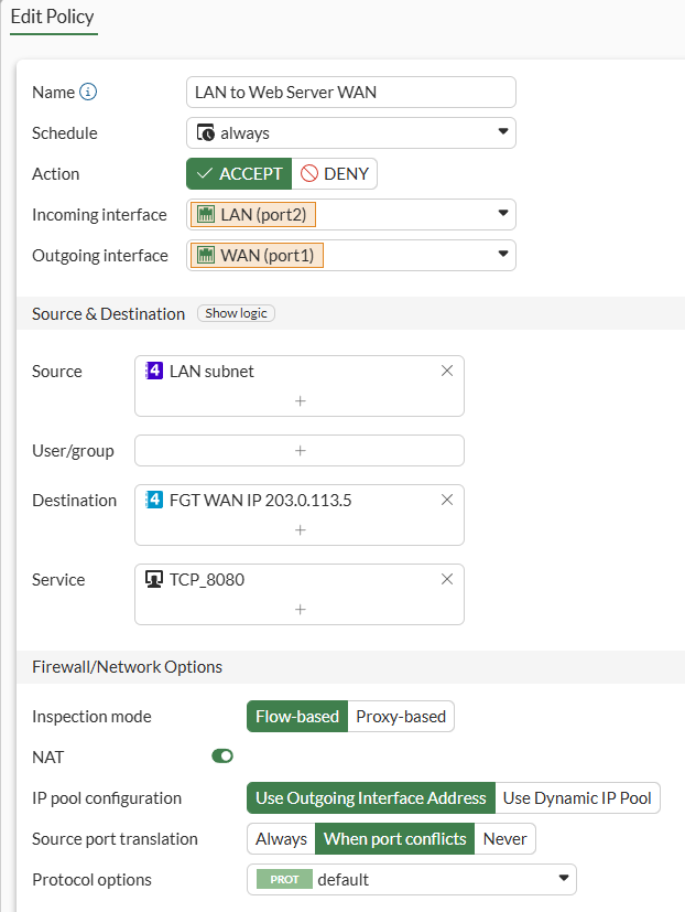 FortiGate VIP internal access firewall policy