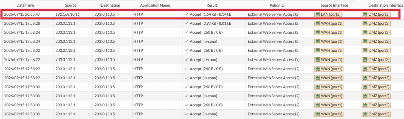 FortiGate VIP internal access test traffic log