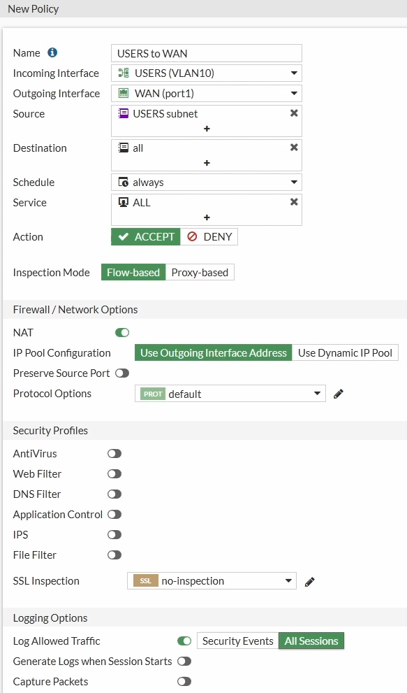 FortiGate VLAN internet connectivity firewall policy