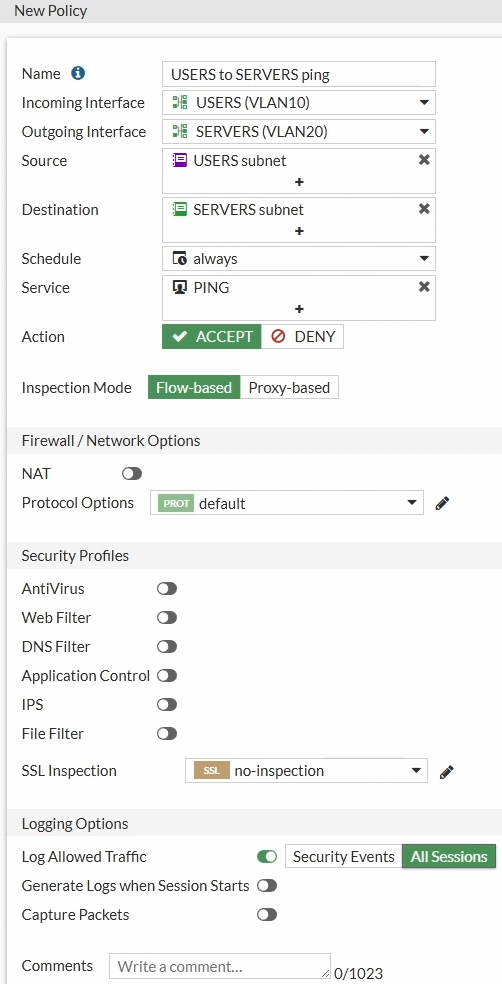 FortiGate Inter-VLAN firewall policy