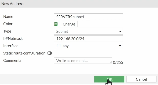 FortiGate VLAN Servers subnet address
