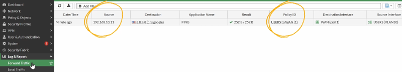 FortiGate VLAN Test2 Traffic log