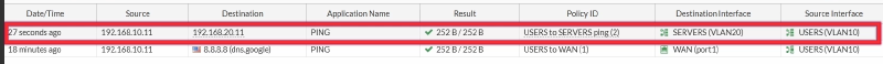 FortiGate VLAN Test3 Traffic log