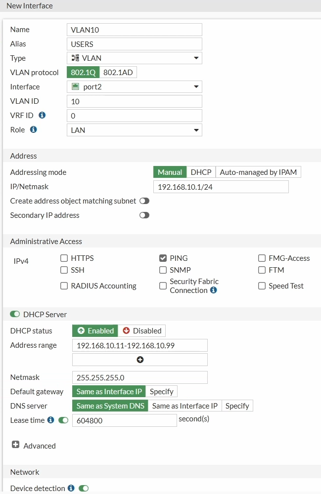 FortiGate VLAN 10 configuration