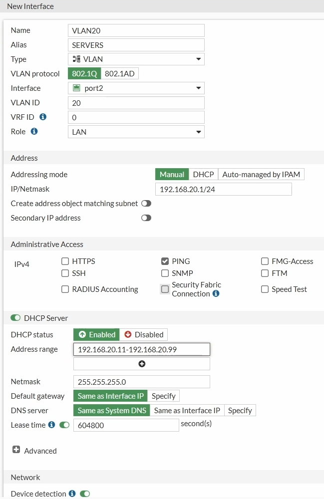 FortiGate VLAN 20 configuration