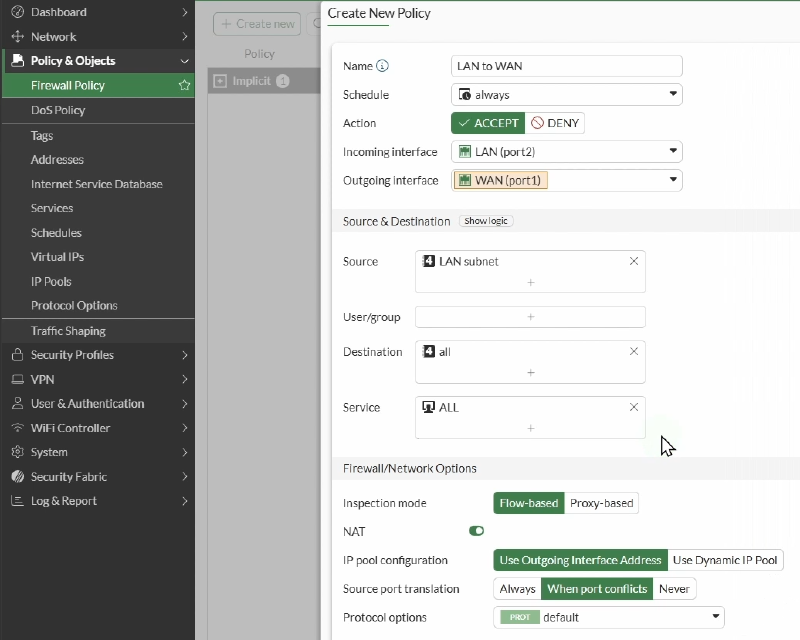 FortiGate VM configure firewall policy
