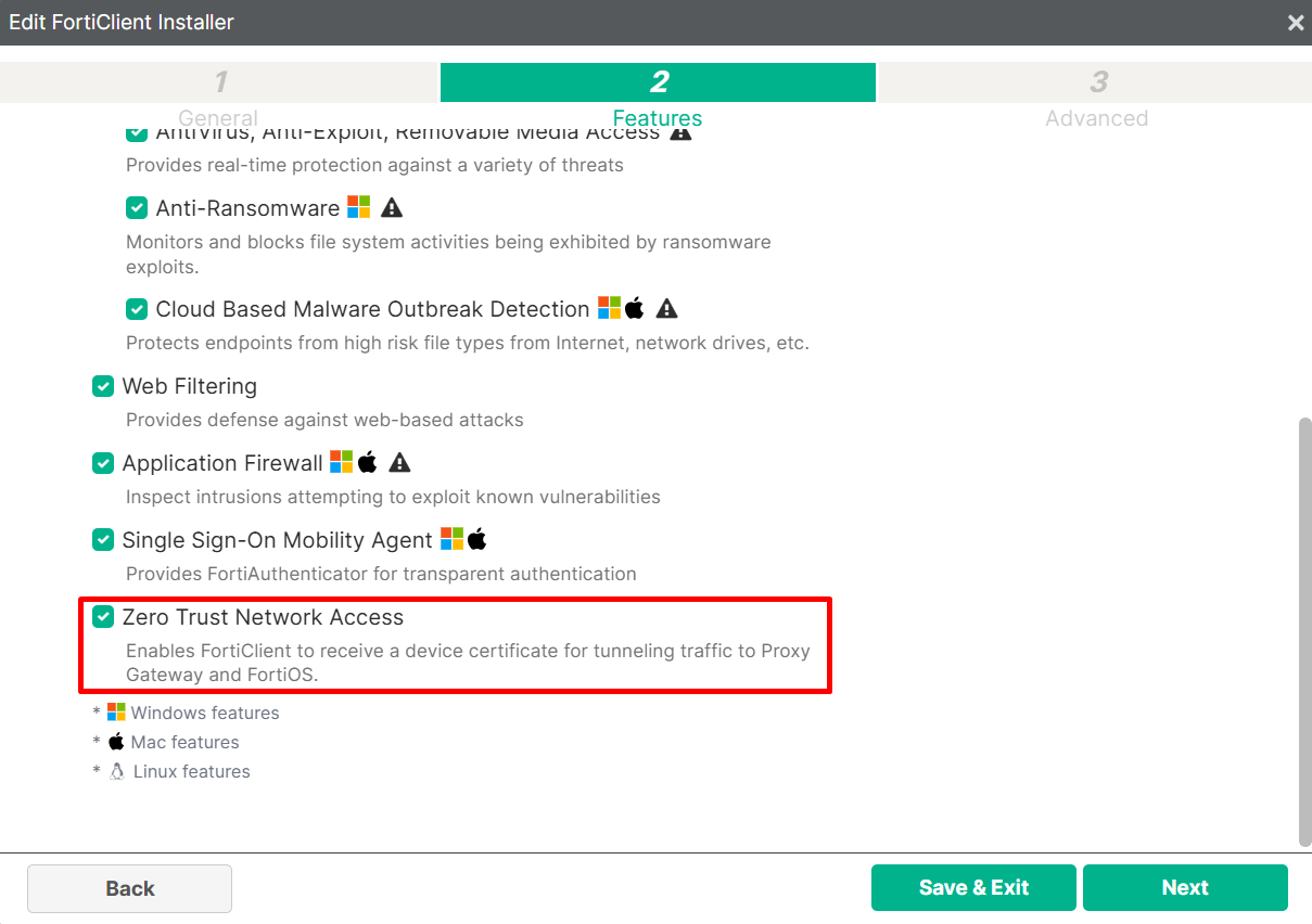 FortiClient EMS installer features - Zero Trust Network Access enabled