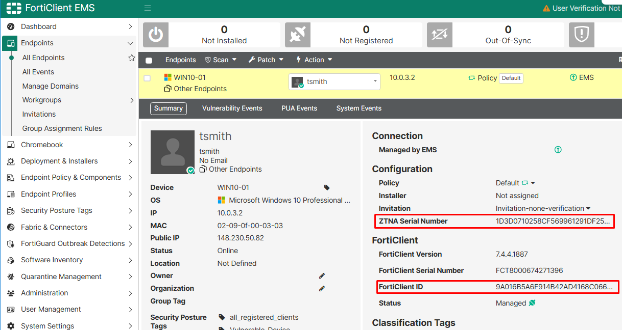 EMS endpoint details ZTNA Serial number and FortiClient ID