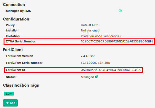 EMS endpoint details ZTNA Serial number and FortiClient ID