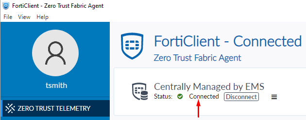 FortiClient Zero Trust Telemetry connected to EMS