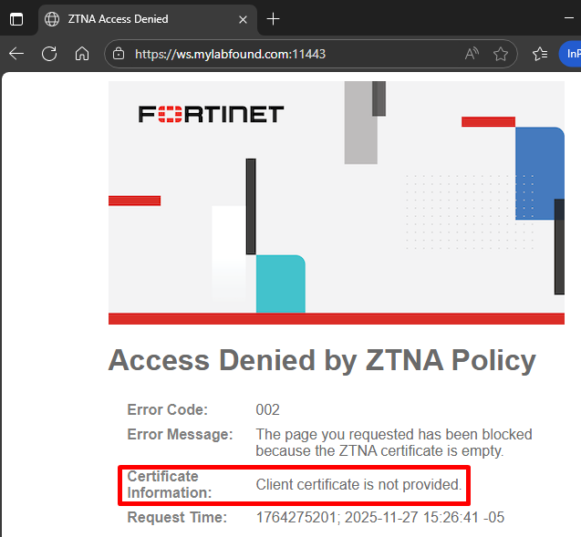 FortiGate ZTNA HTTPS Access Proxy access Denied by ZTNA Policy