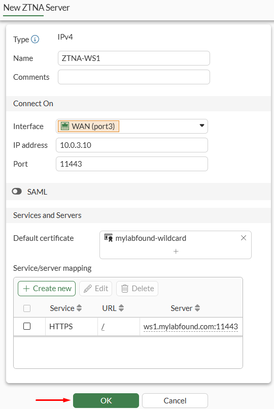 FortiGate ZTNA Server configuration for HTTPS Access Proxy completed
