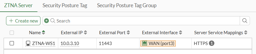 FortiGate ZTNA Server list