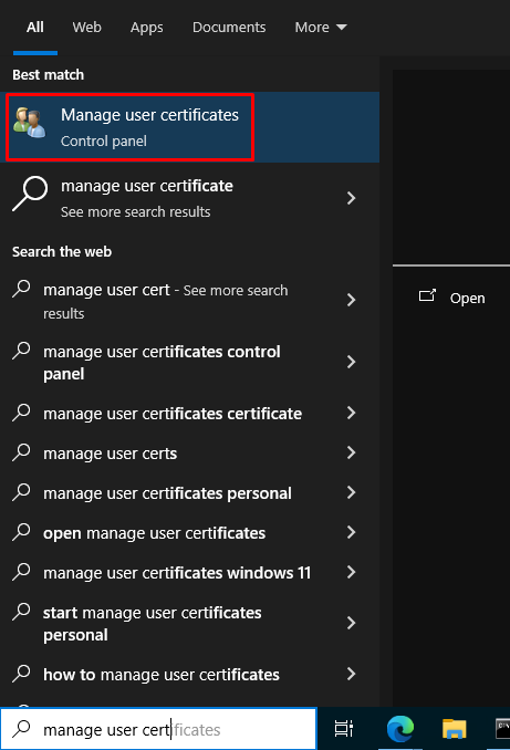 Windows manage user certificates