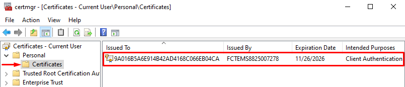 Windows certificate store FortiClient EMS client certificate