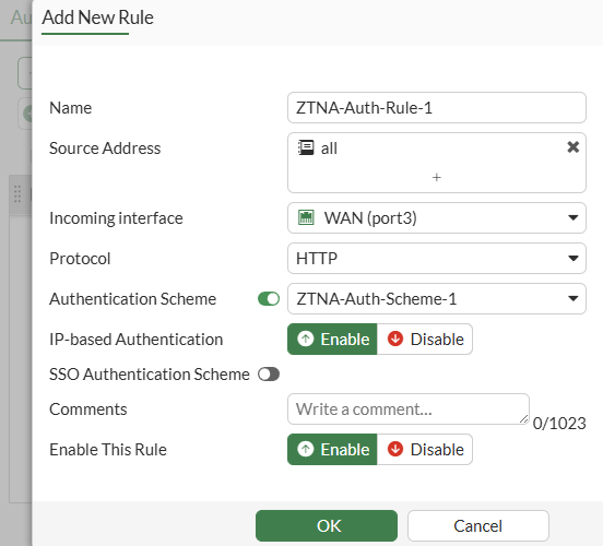 FortiGate ZTNA Server Authentication Rule configuration
