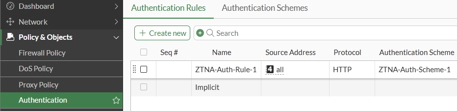 FortiGate ZTNA Server Authentication Rule configured