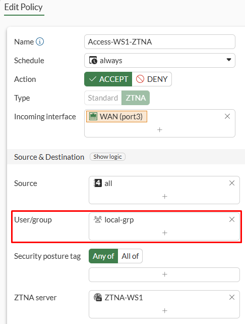 FortiGate ZTNA firewall policy with user group