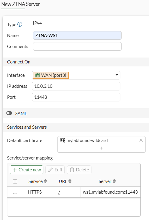 FortiGate ZTNA Server configuration