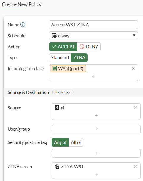 FortiGate ZTNA Server firewall policy configuration