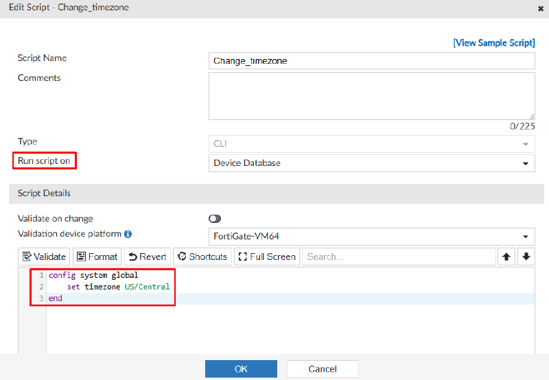 Running a script on device database on FortiManager