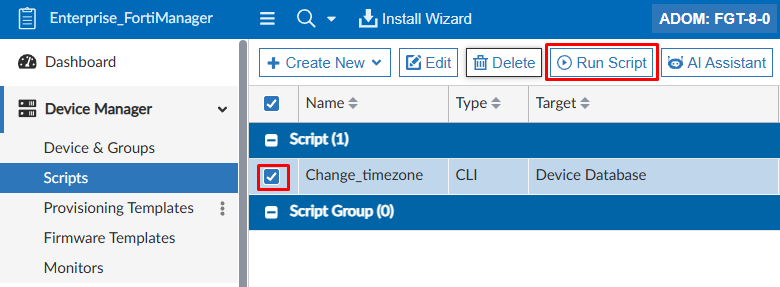 Running a script on device database on FortiManager