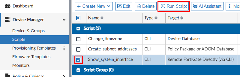 Running a script on Remote FortiGate directly (via CLI)