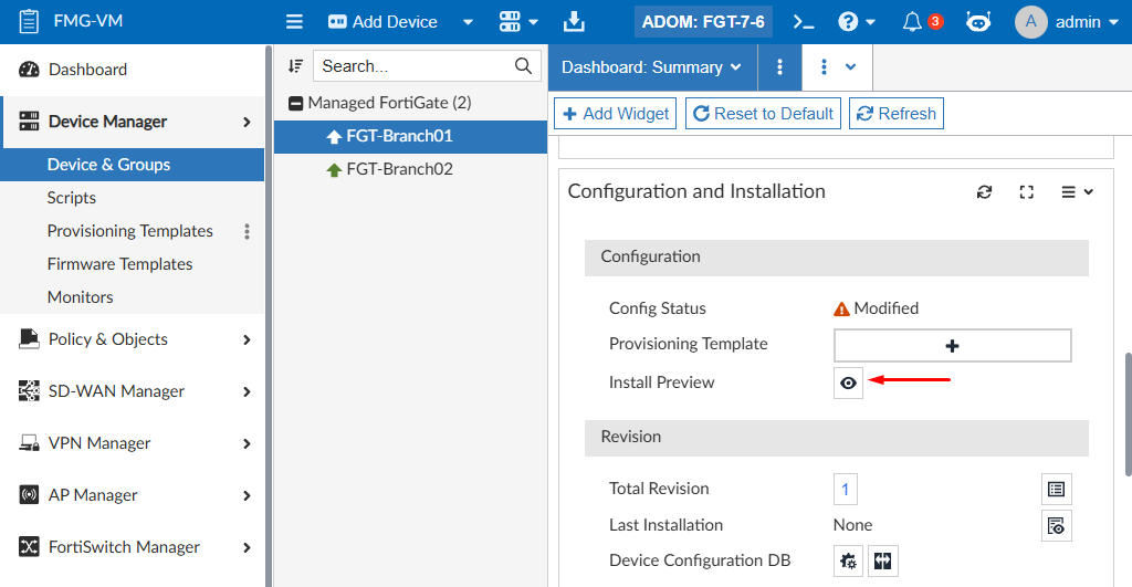 Install preview on device database on FortiManager