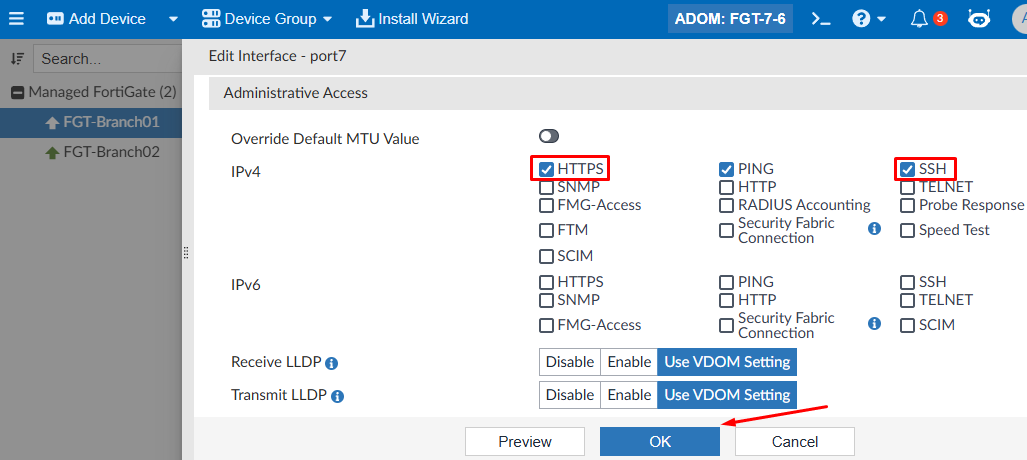 Edit administrative access of network interface on FortiManager