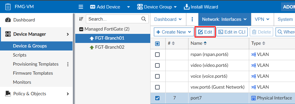 Edit network interface on FortiManager