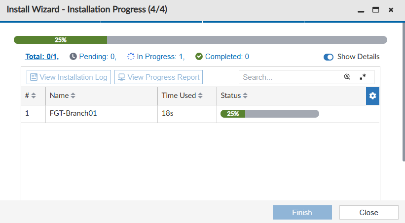 Installation progress on Install Wizard step 4 on FortiManager