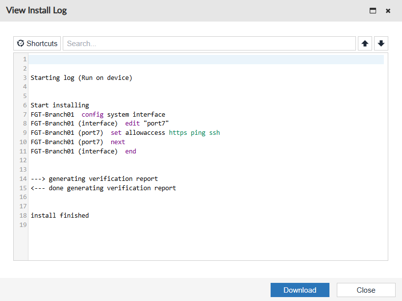 View install log on Install Wizard step 4 on FortiManager