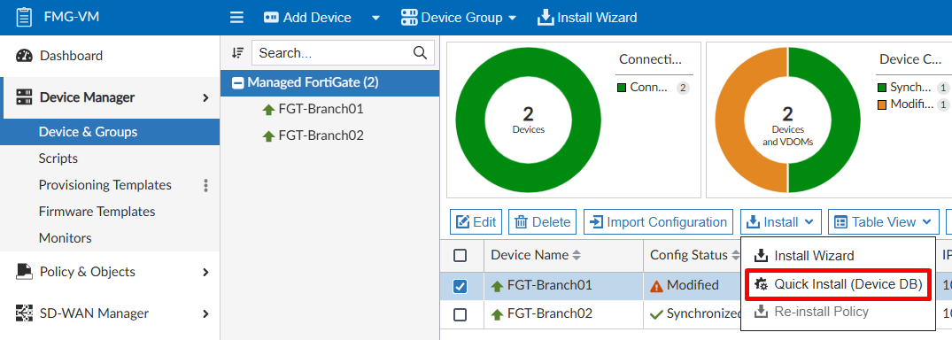 Quick install option on FortiManager